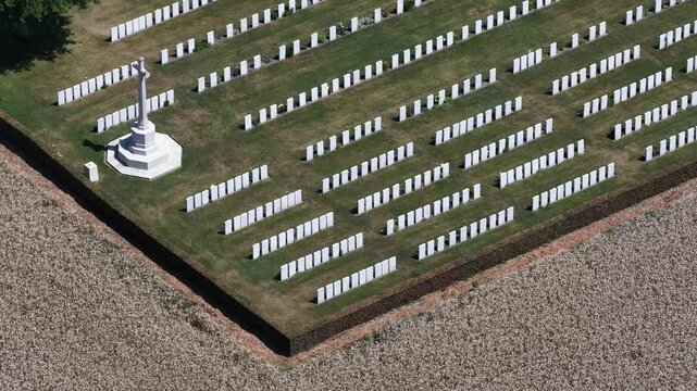 Aerial view of military cemetery tombs and graves
