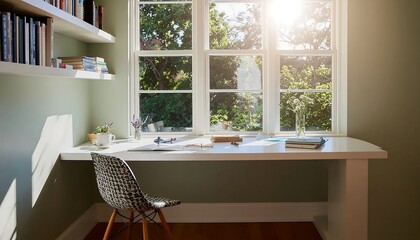 Obraz premium Cozy home office desk with natural light and bookshelves