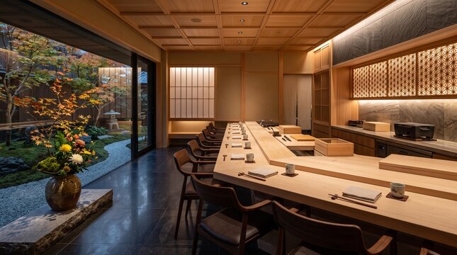 Elegant modern Japanese sushi dining interior featuring tsuboniwa garden and kumiko wood lattice