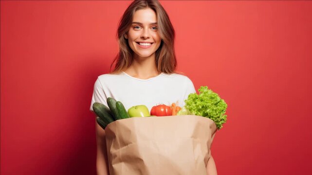 Woman with long hair smiling at the camera while holding a brown paper bag filled with fresh fruits and vegetables.