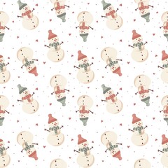 christmas seamless pattern with snowman in winter beanie  with hearts on white background 