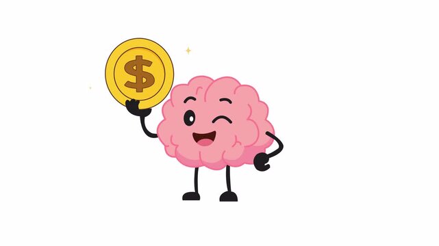 Flat 2D vector animation of a Cute brain character holding a gold coin representing wealth and financial success. Alpha channel with transparent background for motion design.