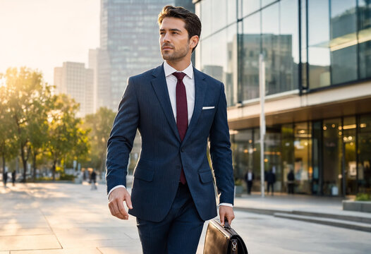 Handsome male consultant in a tailored pinstripe suit walks confidently through a sunlit city plaza carrying a leather briefcase. Golden sunset light frame his dynamic stride, embodying career success