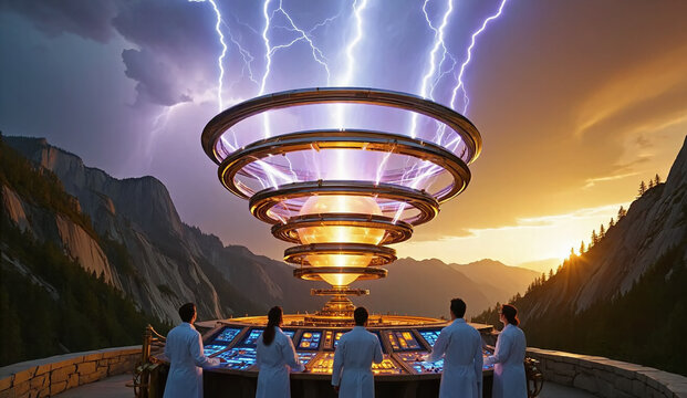 Scientists in white lab coats operate a massive weather machine over a mountain valley, split between a dark storm with lightning and a sunny sky. Climate control, channeling powerful electricity