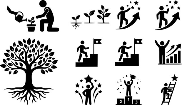 Collection of black vector icons representing personal growth, success, self-esteem, and nurturing development stages, featuring a tree, podium winner, and person watering plants.