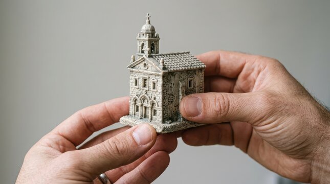 Hands holding a miniature stone church model