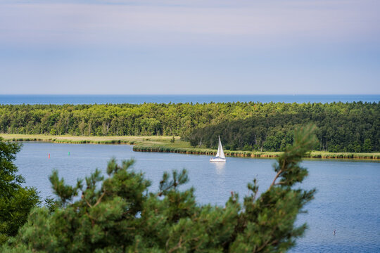 Wide View of Sailing Ship in Navigation Channel near Barh&ouml;ft with Bock Island and Baltic Sea