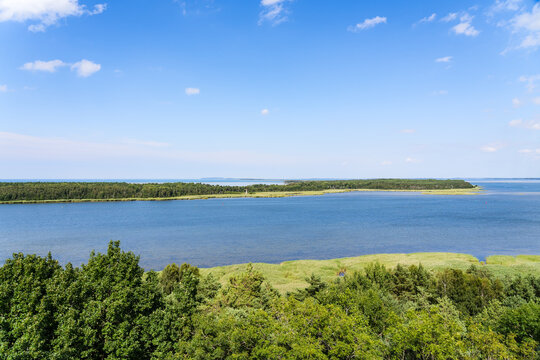 Wide View of Bock Island with Lighthouse and Hiddensee on the Baltic Sea Horizon
