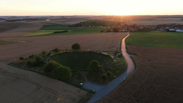 Aerial view of lochnagar crater memorial at sunset