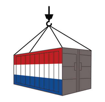 Netherlands flag cargo shipping container suspended on crane hook for trade war and import export vector illustration.