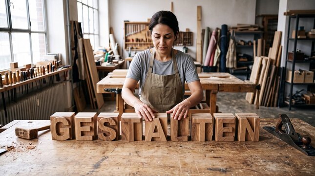 Handwerkerin legt in der Werkstatt aus Holzbuchstaben das Wort GESTALTEN in Vogelperspektive von oben