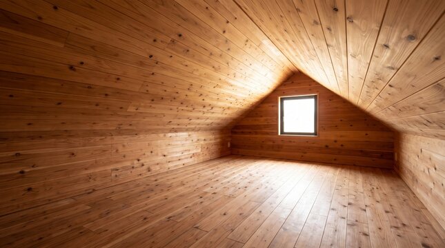 Ultra-realistic empty wooden attic interior with a sloped ceiling, natural cedar wood walls, floor, and ceiling panels, warm organic textures, minimalist architecture, cozy rustic cabin design, bright