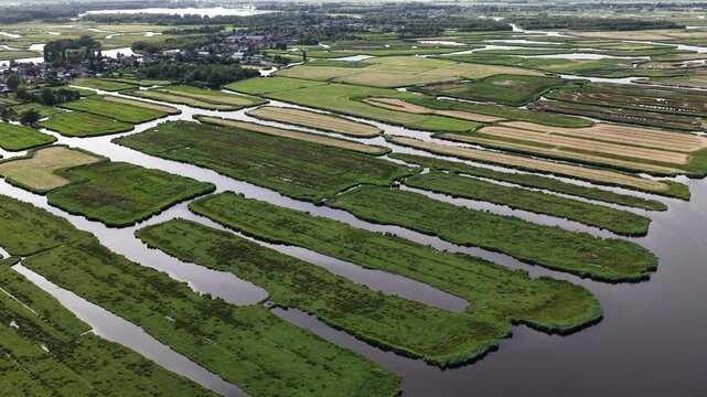 Dutch polder landscape aerial view of waterways and farmland