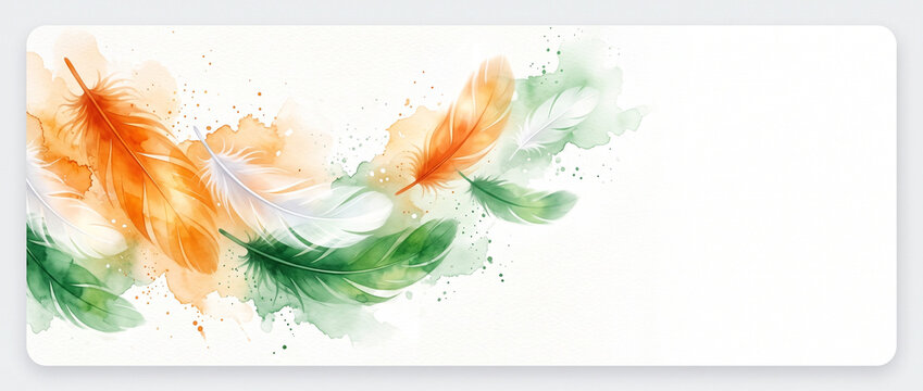 Watercolor Feathers Background with Orange and Green Plumage, Artistic Banner with Copy Space for Indian Republic Day or Independence Day