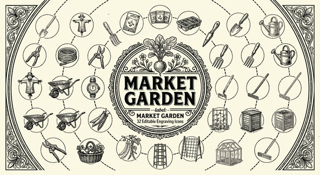 Vintage Engraving Style Market Garden Illustration with Gardening Icons, Tools, and Equipment; Features Trowel, Watering Can, Greenhouse, and Seeds in Retro Woodcut Art Design.