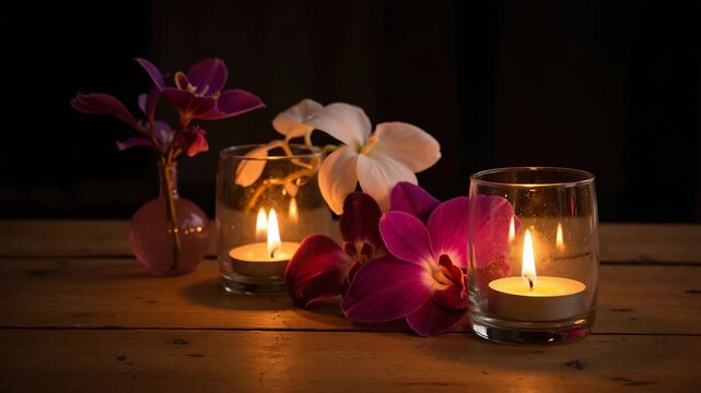 Soft candlelight glows beside vibrant orchids. Pink and white blooms rest on a rustic wooden surface. Warm glow casts gentle shadows on dark background