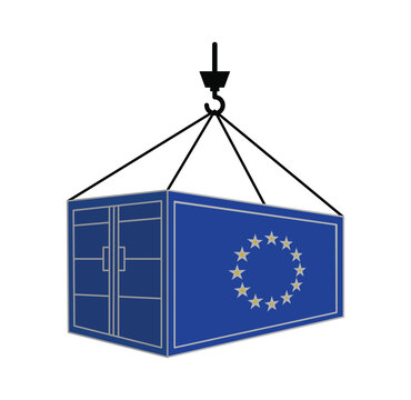 Crane hook cargo container with European Union flag for import export logistics, freight shipping, and global trade vector illustration.

