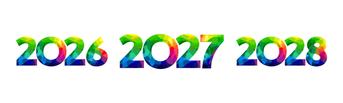 2026, 2027, 2028 green multicoloured set of new year logos. Colorful stained glass set of New Year numbers 2026, 2027, 2028 for seasonal banners