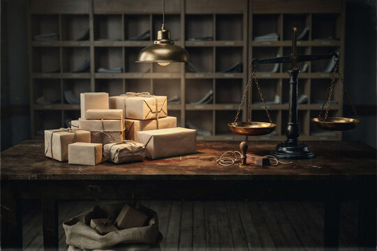 Moody vintage office desk with wrapped parcels, handwritten letters and shelf background, warm lamplight still life for ecommerce and shipping concept