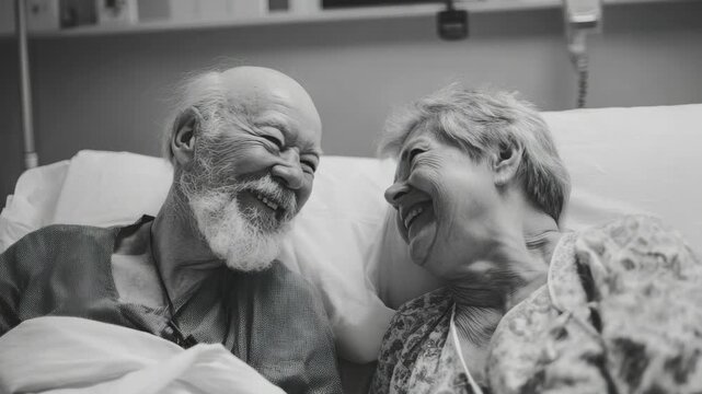 An elderly couple sharing a light-hearted moment with a caregiver in a hospital room.