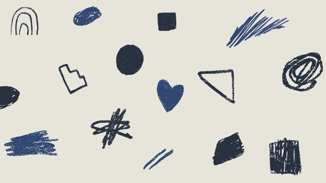 A seamless abstract background featuring hand-drawn doodle elements and geometric shapes&mdash;such as hearts, triangles, circles, and crayon-textured lines.