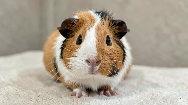 A small brown and white guinea pig with long hair sitting on a counter looking at the camera.