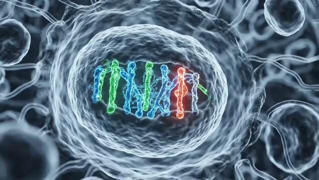 Inside healthy breast tissue, a single cell developing an early genetic mutation deep within a transparent cellular environment, glowing DNA structures subtly changing shape