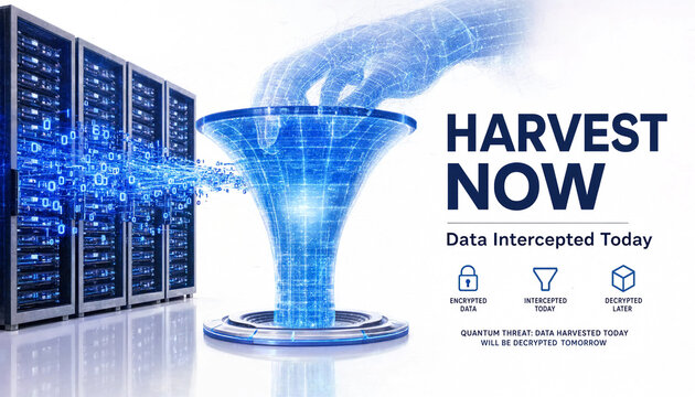 Server racks streaming binary data into a funnel for harvest now decrypt later threat concept