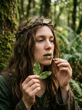 Woodland Priestess Chewing Bay Laurel Leaves in Oracle Trance