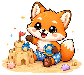 Fototapeta premium Ideal for kids apparel, cute summer fox mascot character building sandcastle on beach clipart on transparent background brings a playful coastal vibe to children stickers and prints