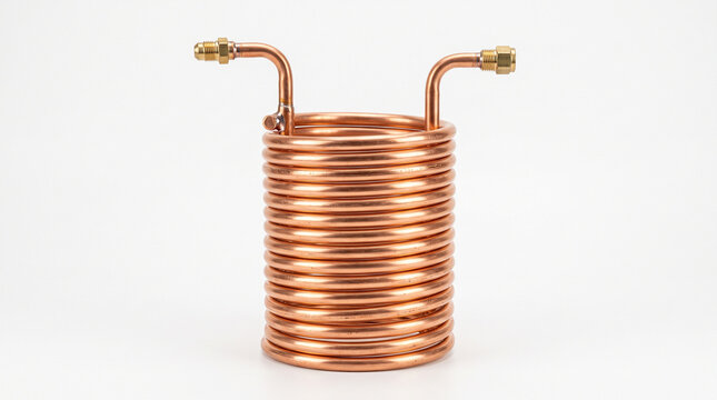 Shiny copper coil heat exchanger isolated on a clean white background.