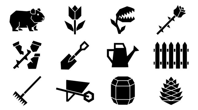 Garden elements vector silhouette set with a hamster tulip venus flytrap rose shovel watering can and fence