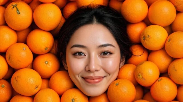 A close-up view of an Asian woman's smiling face emerging from a textured background of ripe, juicy oranges, suggesting freshness and vitality