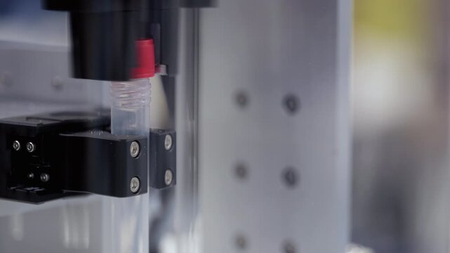 Automatic manipulator opens and closes test tube plastic cap in lab closeup. Robotized equipment for safe work in chemical laboratories at expo demonstration