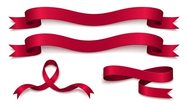 A set of elegant red satin ribbons with soft shadows, perfect for festive graphic designs, banners, certificates, and celebration decorations on a white background.