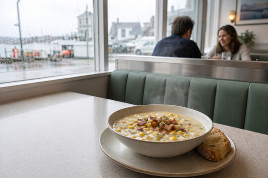 Deliciosa sopa cremosa de ma&iacute;z y un ambiente acogedor en un restaurante junto al mar