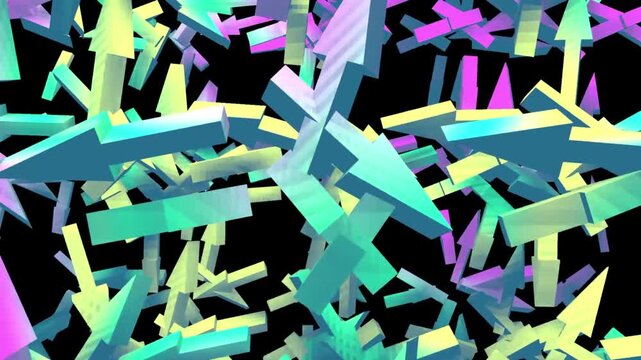 Abstract 3D motion graphics featuring arrow shapes and geometric blocks that rotate continuously. 