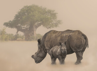 White rhino cow and calf with horn removed and a baobab tree in the background in a dusty environment © Louis