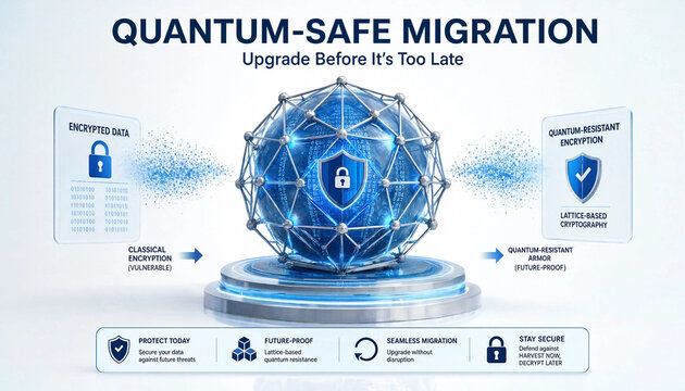 Quantum-safe migration upgrade concept showing transition from classical to lattice-based encryption