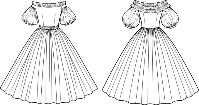 Romantic peasant midi dress featuring off shoulder ruffles and puff sleeves for fashion apparel design vector flat sketch