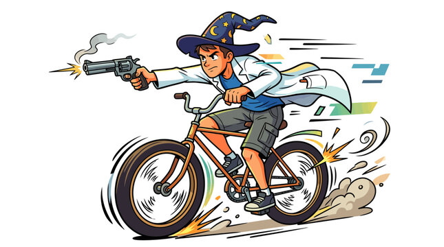 Wizard on Bicycle Shooting Gun, Fast Motion, Science Fantasy