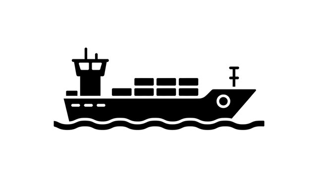 Black cargo ship icon on water waves