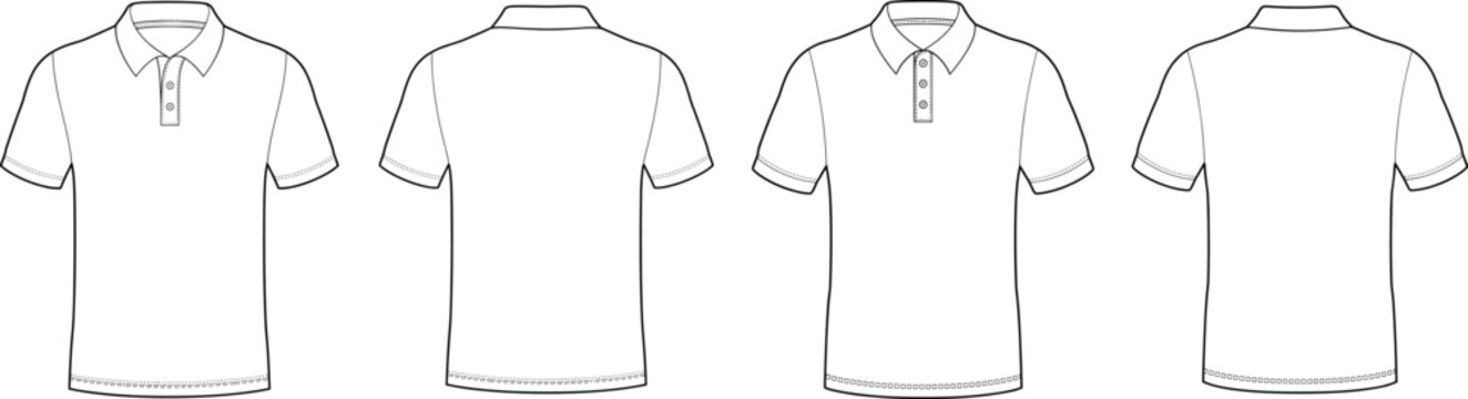 Technical apparel short sleeve polo shirt set featuring button plackets and classic collars for uniform garment design vector flat sketch
