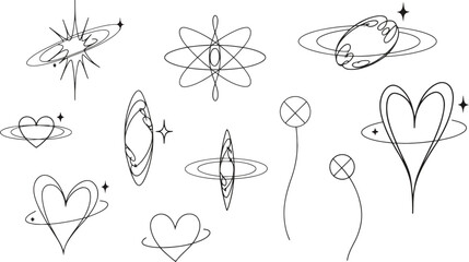 Cosmic doodle icons with orbiting hearts and abstract atomic shapes on white background minimalist style © MMM
