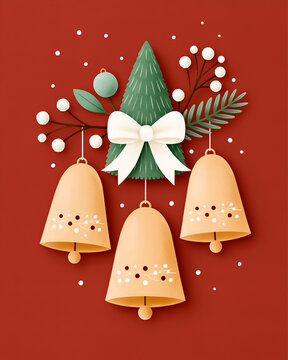 Golden bell, Christmas ball, berry. Merry Christmas card on a red background.