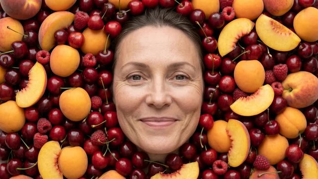A woman's face is partially visible amidst a rich tapestry of ripe cherries, peaches, apricots, and raspberries, creating a visually appealing and healthy composition