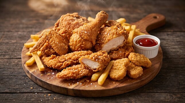 Crispy golden fried chicken pieces, french fries, nuggets, and ketchup served steaming hot on a wooden board.