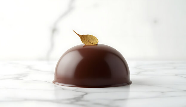 Chocolate mousse dome cake with gold leaf. Gourmet dark chocolate dessert on white marble.