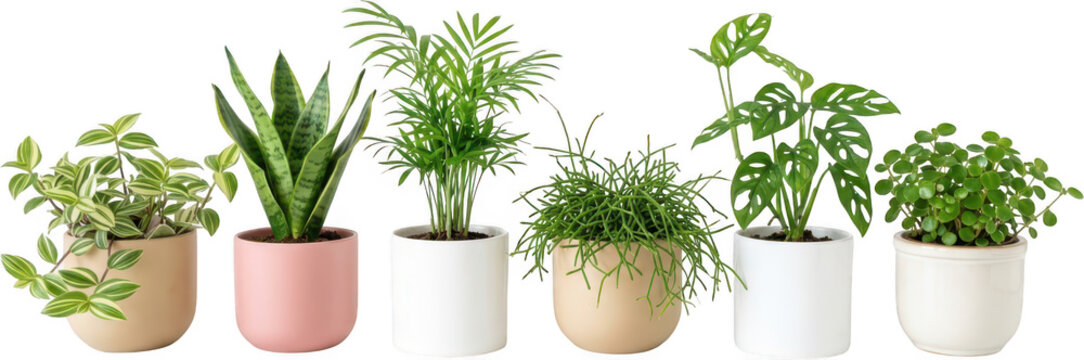 Collection of five different potted houseplants including Snake plant Monstera and Rhipsalis arranged horizontally potted plant indoor plant green leaf succulent foliage botany