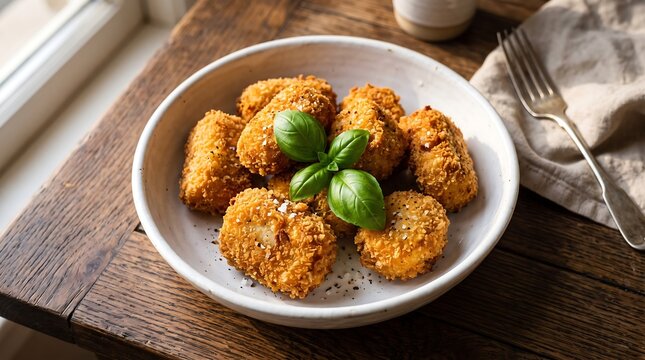 Crispy golden chicken nuggets in a white ceramic bowl, garnished with fresh basil leaves on a rustic wooden table by natural window light.